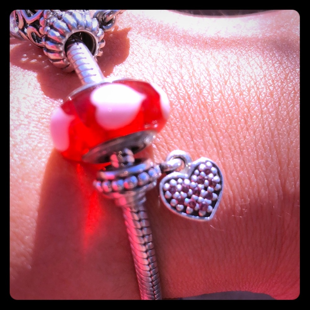 2 charms, heart Murano glass and dangle heart